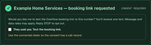 Overflow operator consent gate with an unchecked booking-link consent box